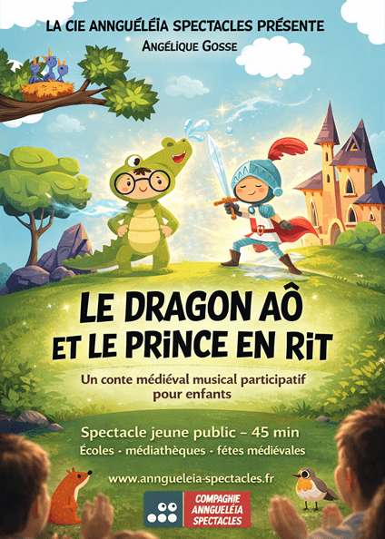Affiche du spectacle médiéval pour enfants Le Dragon Aô et le Prince en rit – conte musical participatif