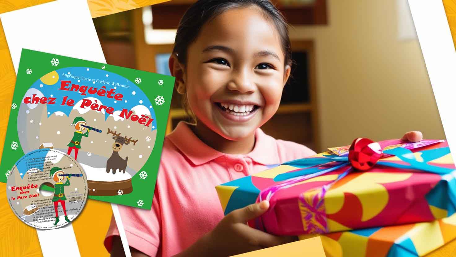 Offre Box culture - un enfant reçoit un livre audio en cadeau après le spectacle Enquête chez le Père Noël