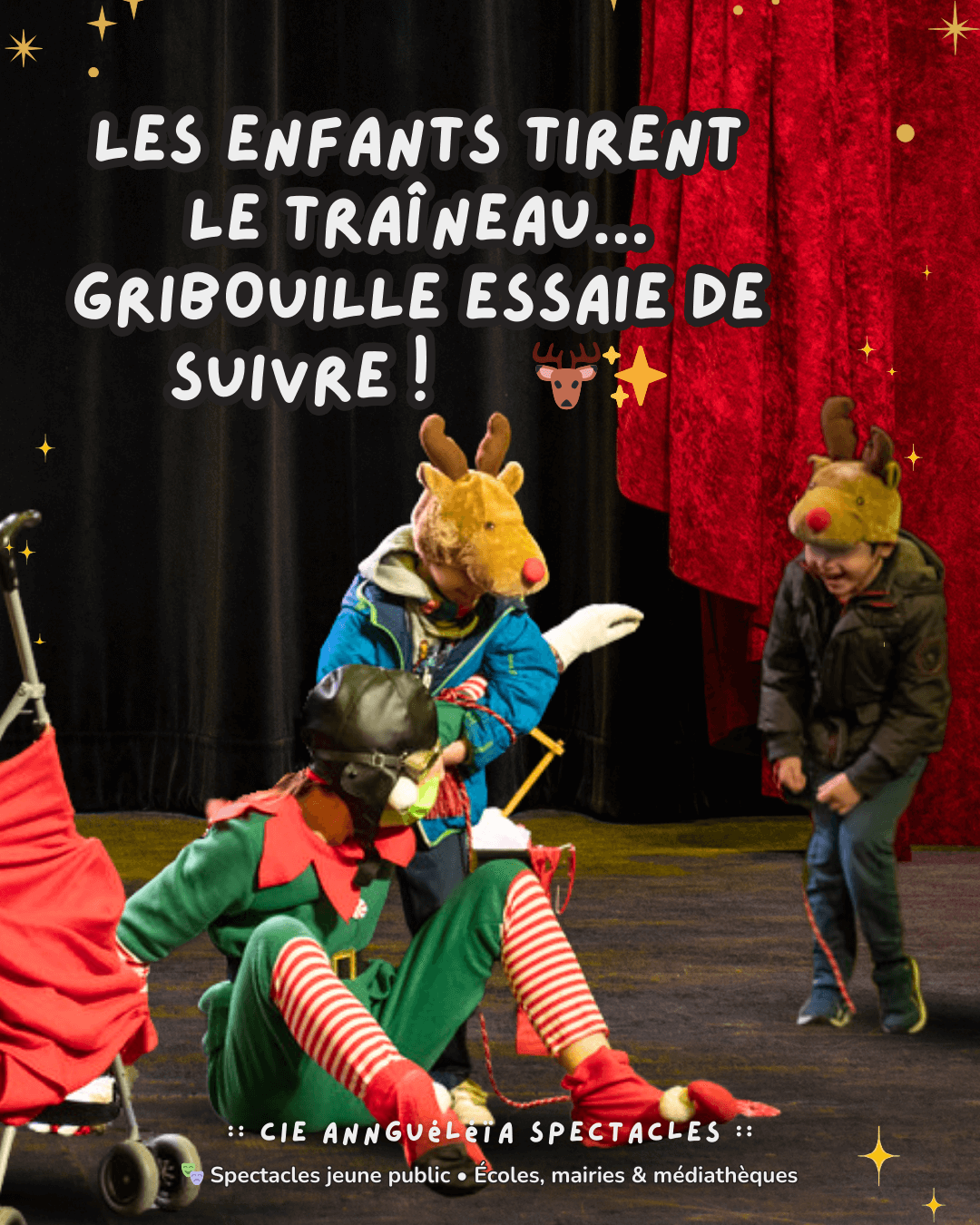 Photo du spectacle jeune public Gribouille et la lettre du Père Noël, avec le lutin Gribouille en pleine action et les enfants qui participent à l’histoire.
