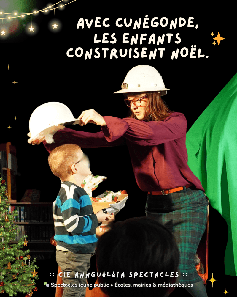Photo du spectacle jeune public Un Noël en chantier, avec Cunégonde qui prépare l'arrivée du Père Noël avec les enfants qui participent à l’histoire.