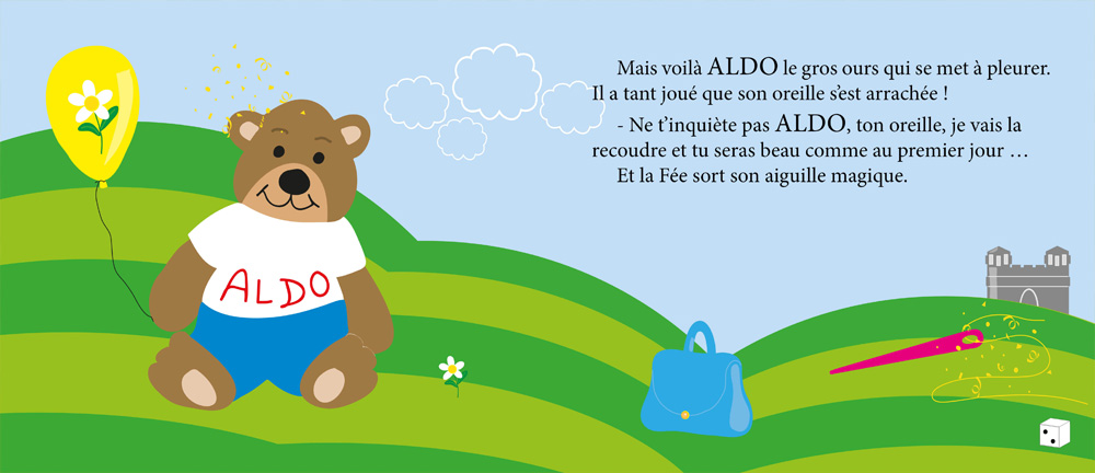 Page du livre La fée des Doudous montrant la peluche Aldo, un doudou à réparer