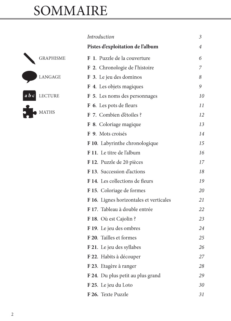 Page de sommaire : 26 fiches d’activités classées par domaine – La fée des Doudous