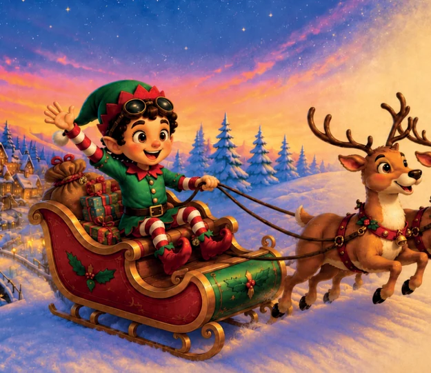 Gribouille conduit le traîneau du Père Noël