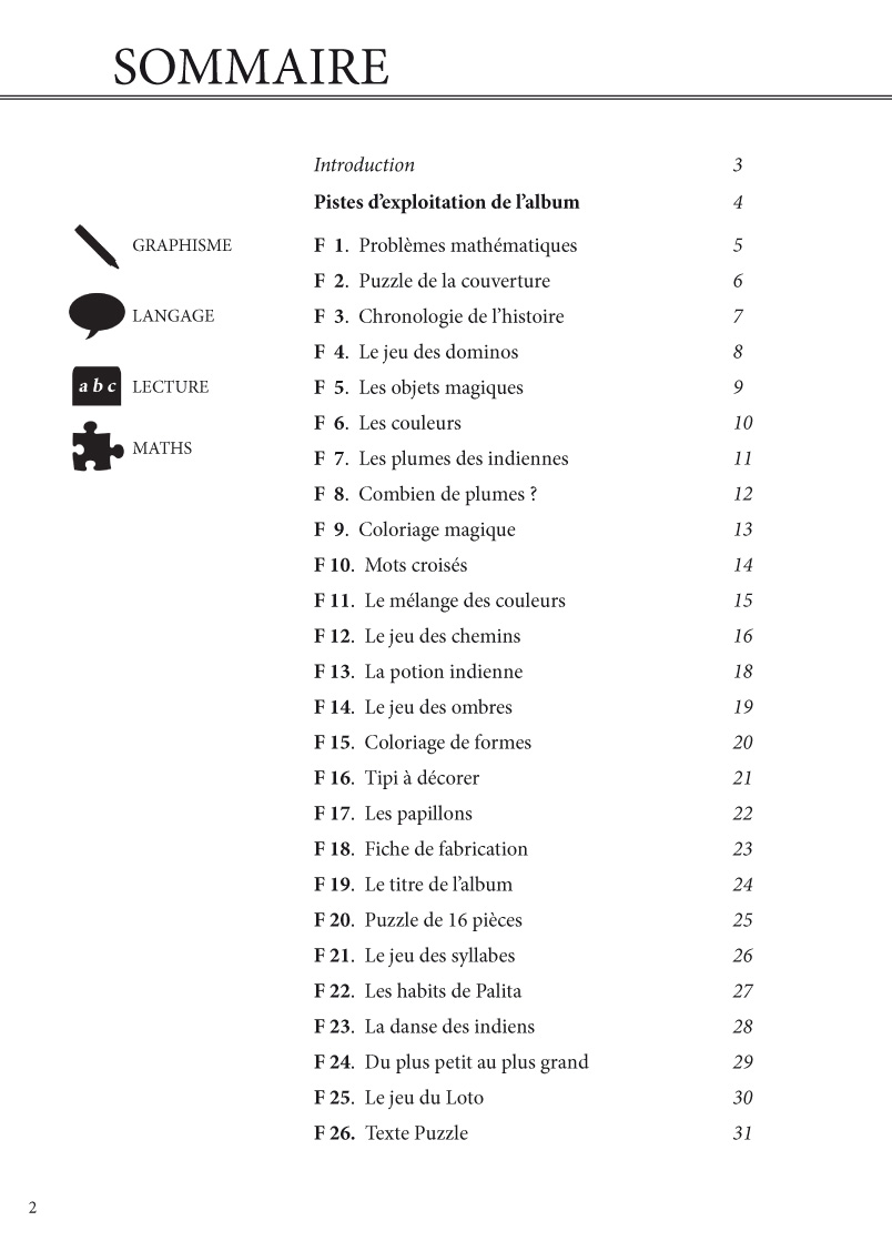 Page de sommaire : 26 fiches d’activités classées par domaine – Palita l’indienne